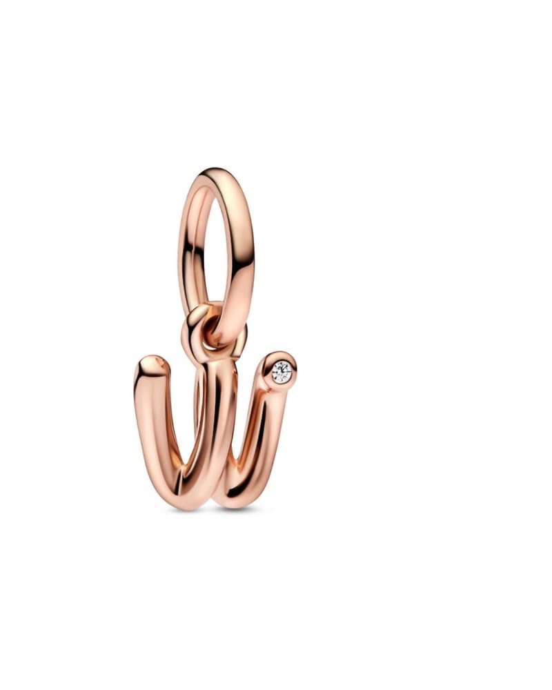 Front of a size O/S Letter W Script Alphabet Dangle Charm in Rose Gold in Rose Gold by Pandora. | dia_product_style_image_id:329455